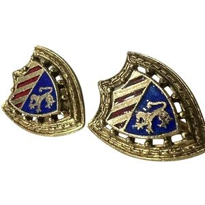2/$15 Vintage Coat of Arms Lion Shield Star Screwback Gold Red Enamel Earrings